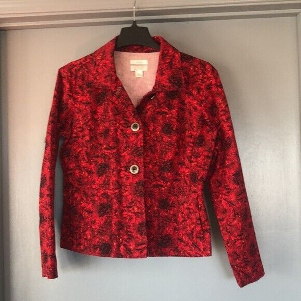 Christopher & Banks Stretch SZ M Red Abstract Floral Print Jacket Long Sleeves